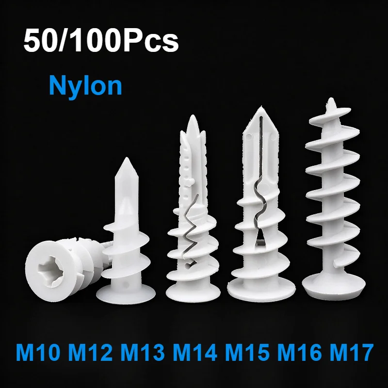Self Drilling Nylon Drywall Anchors, Hollow Cavity Gypsum Board Expansion Plugs, No Pre-Drilling Wall Fasteners M10-M17