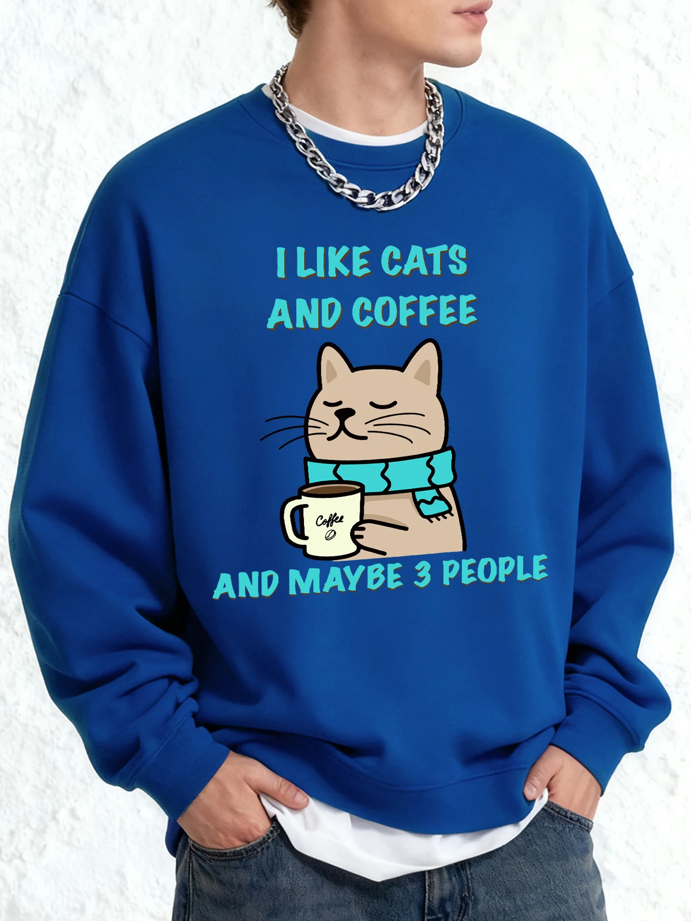 أنا أحب القطط والقهوة وربما 3 أشخاص تصميم الرجال البلوز العصرية الرجعية الملابس كبيرة الحجم رداء علوي غير رسمي الخريف س الرقبة البلوز