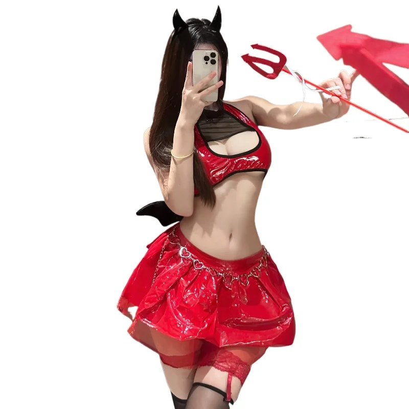 Sexy PU Leer Halter Halsbandjes Duivel Korte Mini Jurk Vrouwen Sexy Lingerie Halloween Cosplay Punk Gothic Kostuum voor Vrouwen