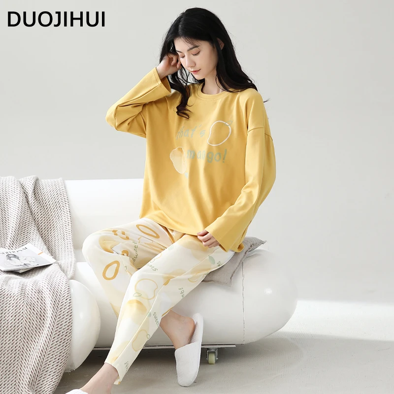 DUOJIHUI Autumn Contrast Color Casual Home Pajamas for Women Basic O-neck Pullover Loose Simple Pant Fashion Female Pajamas Set