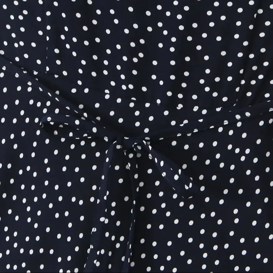 2025 Retro French Style Navy Blue Polka Dot Print Spliced Lace V neck Women Midi Dress Puff Sleeve Sashes Tea Dresses Robe Femme