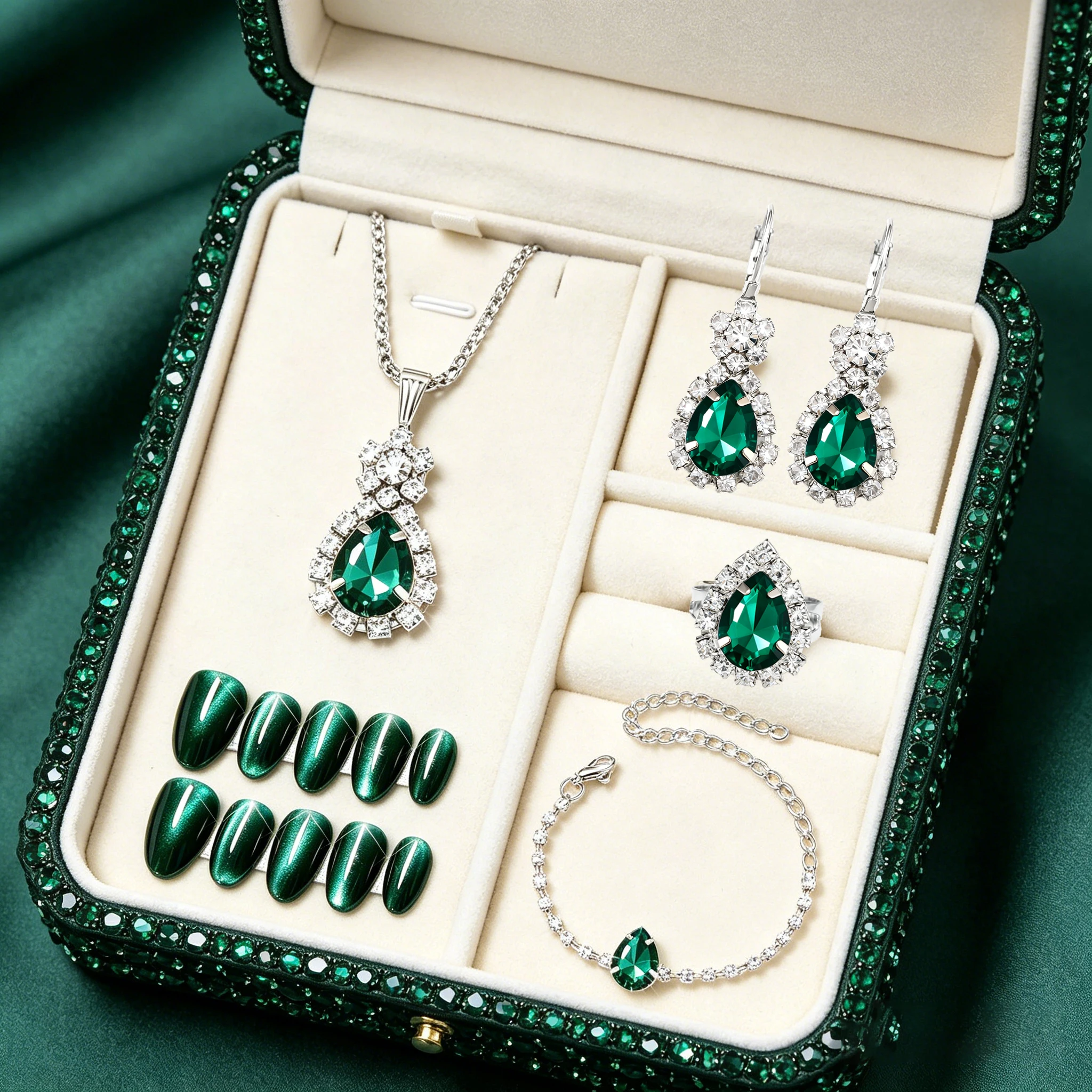 35PCS Fashion Drip Necklace Earrings Ring Set+Press-on Nails Women Jewelry Set Shining Party Jewelry Gifts ( Boxes Not Included)