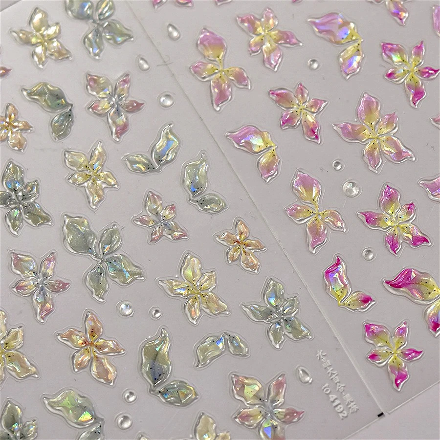 

Delicate Green Pink Purple White Flower Peach Blossom Garden Petal 5D Self Adhesive Nail Art Stickers Chic Jelly Manicure Decal
