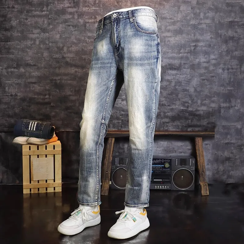 Fashion Vintage Men Jeans High Quality Retro Blue Stretch Slim Fit Ripped Jeans Men Trousers Embroidery Designer Pants Hombre