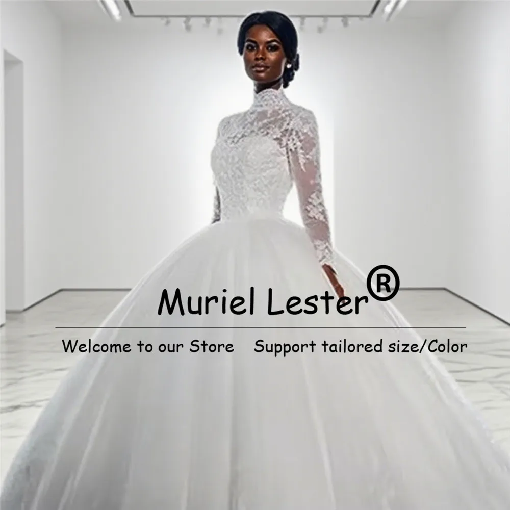 

Luxury High Neck Long Sleeves Muslim Wedding Dresses Customized Lace Appliques Ball Gown Beading Bride Dress Robe De Mariee 2026