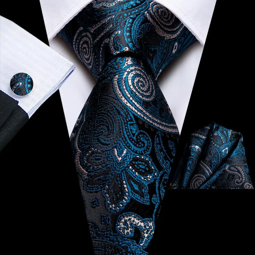 

Teal Paisley 2023 New Elegant Men Tie Hanky Cufflink Silk Necktie For Men Wedding Party Business Fashion Brand Hi-Tie Designer