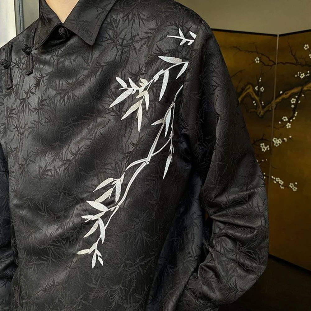 Mens Chinese Jacquard Bamboo Embroidered Cheongsam Button Shirt Autumn Winter Genderless Retro Satin Long Sleeve Shirt Unisex