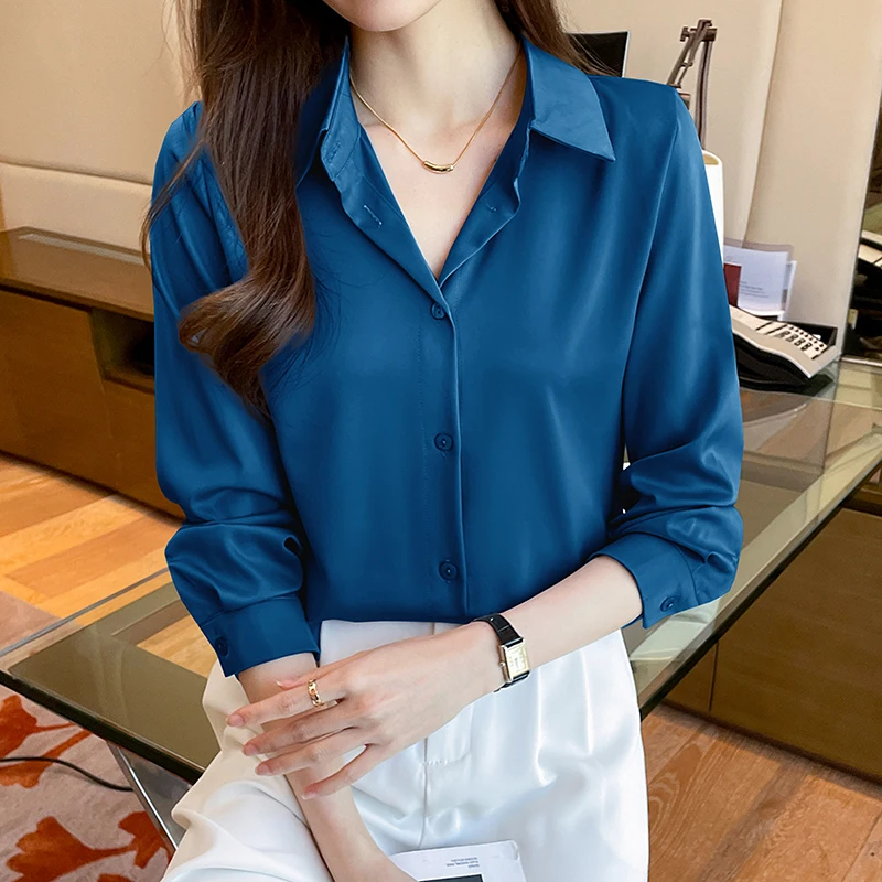 Elegant Satin Fashion Long Sleeve Vintage Blue Blouse Office Blusas Mujer Solid Silk Shirt Women Casual Tops