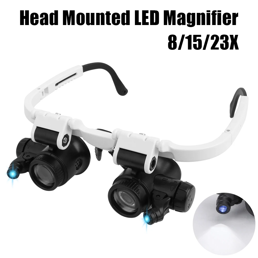 Dual-Lens Eye Loupe Magnifier For Electronics Watch Repair LED Lights Glasses Magnifier Head Mount Magnifying Glass 8x 15x 23x