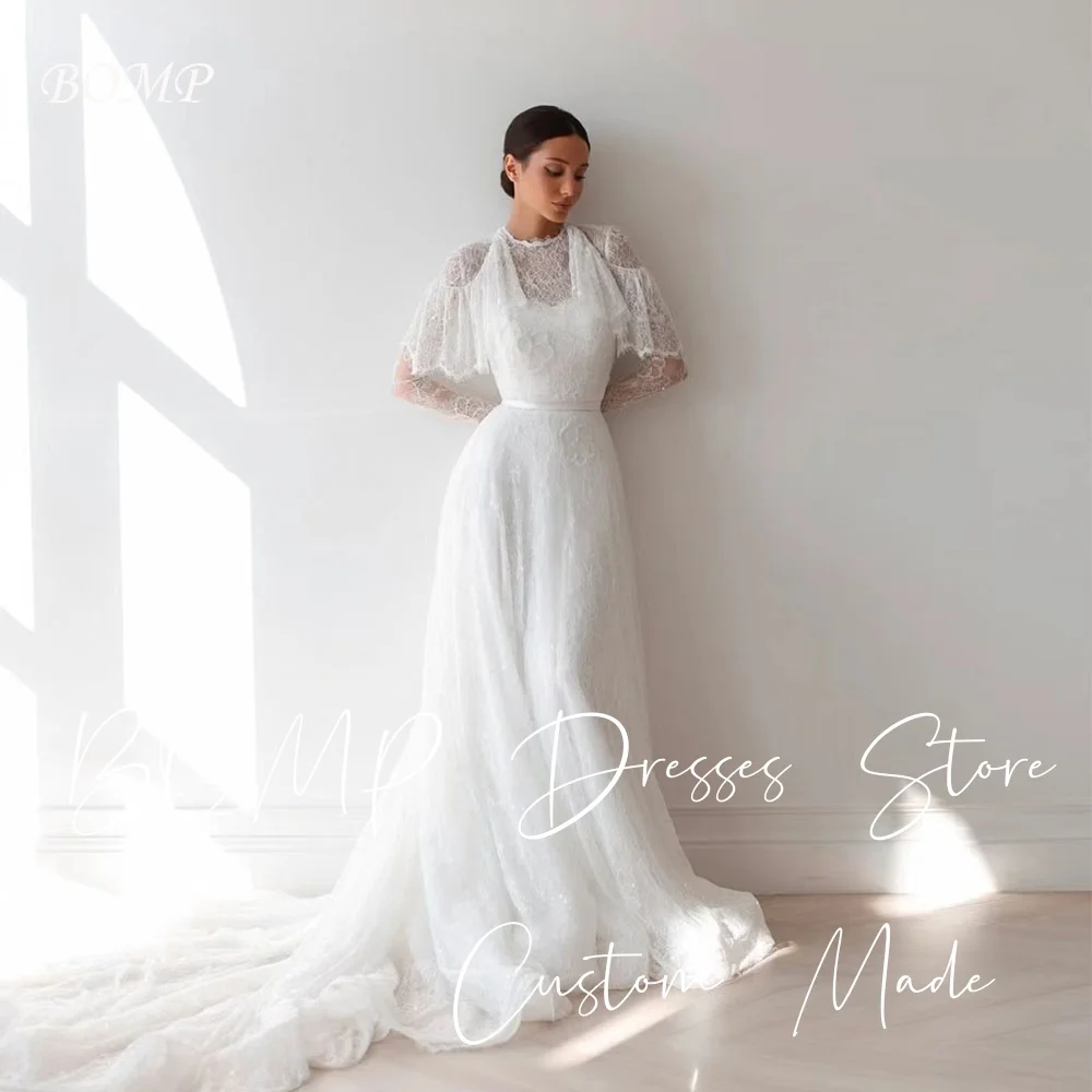 

BOMP Exquisite Lace Wedding Dress O-Neck Draped Full Sleeves Sweep Tarin Bridal White Gown Customized Robe De Mariée Luxury