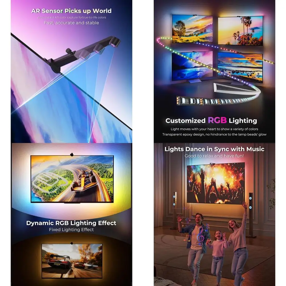 

RGB LED Strip Lights for 55-75 Inch TVs: 15ft Backlight Sync, Cuttable, Smart App Control, Game & Music Sync, Color Changing for