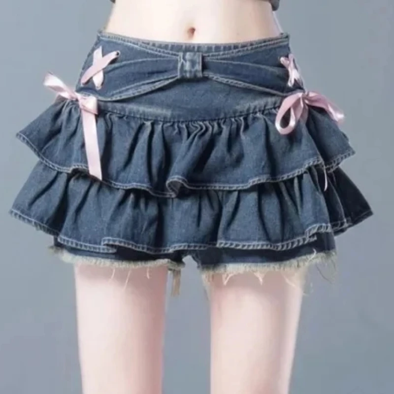 

Vintage Shorts Y2K Casual Pleated Retro Skirt Bow High Waist Jeans A-line Mini Sweet Short Skirts Fashion Summer Y2k New 2025
