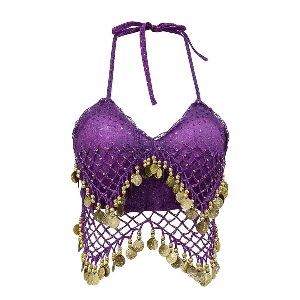 Charming Shiny Belly Dance Bra Halter Neck Tassel Stage Performance Top Dance Wear Sleeveless Sequins Crop Top Stage