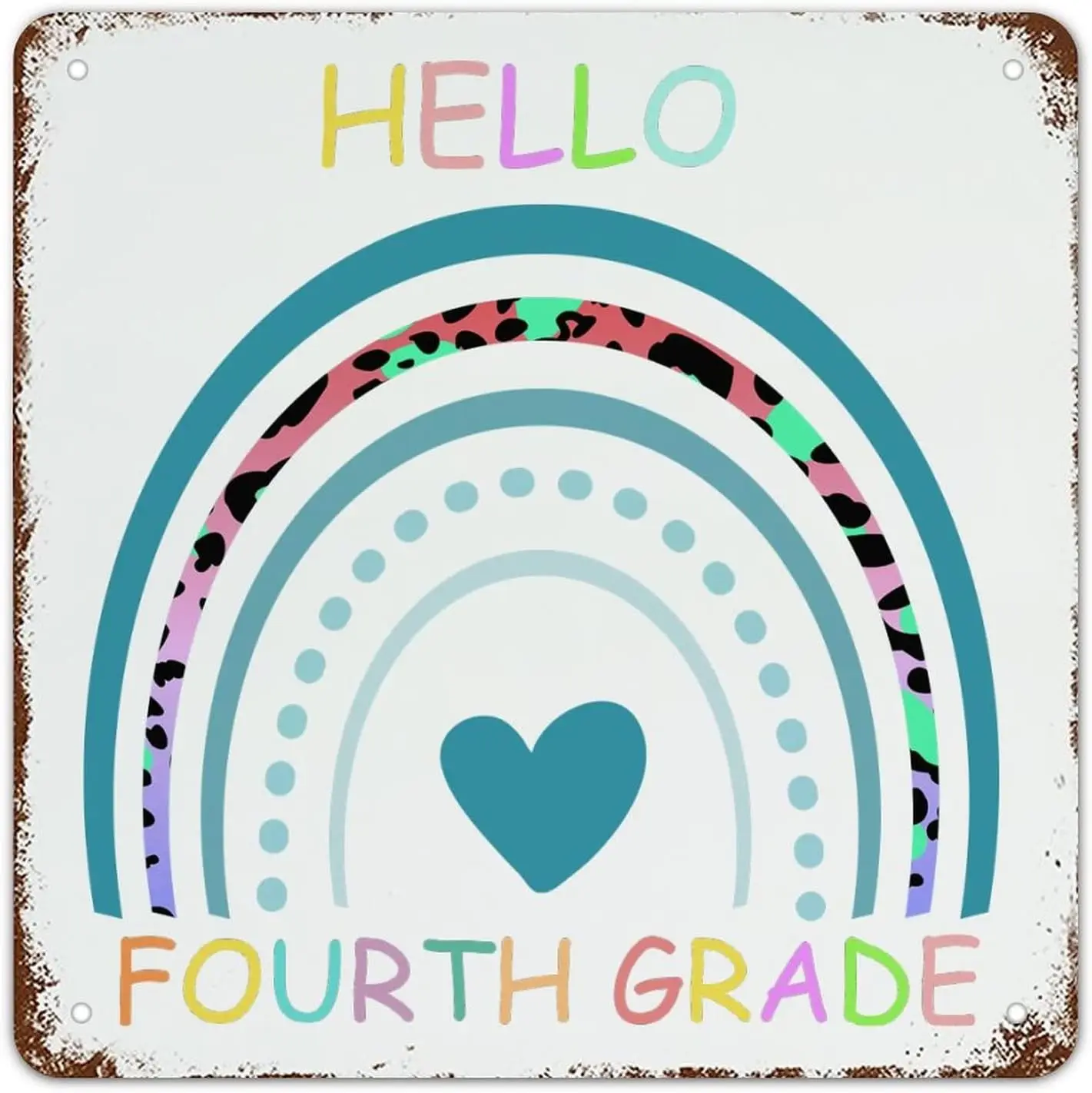 First Day of School Metal Sign Hello Fourth Grade Signs Welcome Back to School Metal Tin Sign Boho Classroom Decor Painted Doodl