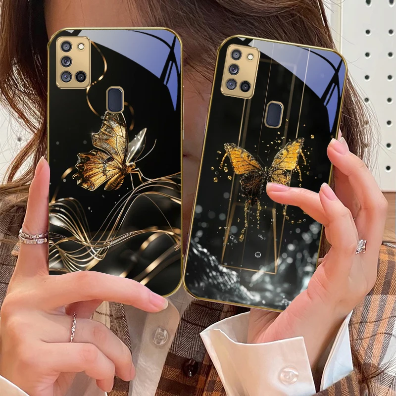 الفراشة الذهبية لسامسونج A 31 32 A33 A34 35 14 A15 13 16 25 26 50 52 53 54 55 56 70 71 72 73 حافظة هاتف زجاجية ذهبية