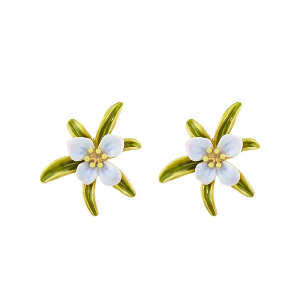 

2025 Autumn Winter New Hand-painted Enamel Lily Flower Stud Earrings, Fashion Forest Style Creative Fresh French Flower Earrings