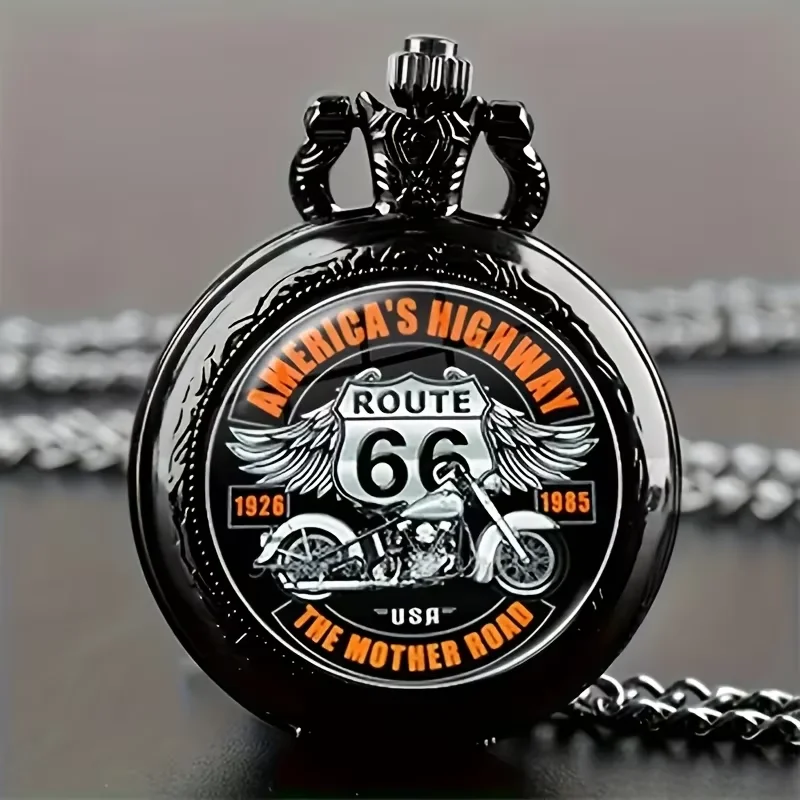 Exquisite and trendy Route 66 pocket watch necklace pendant accessory flip retro quartz pocket watch medium size