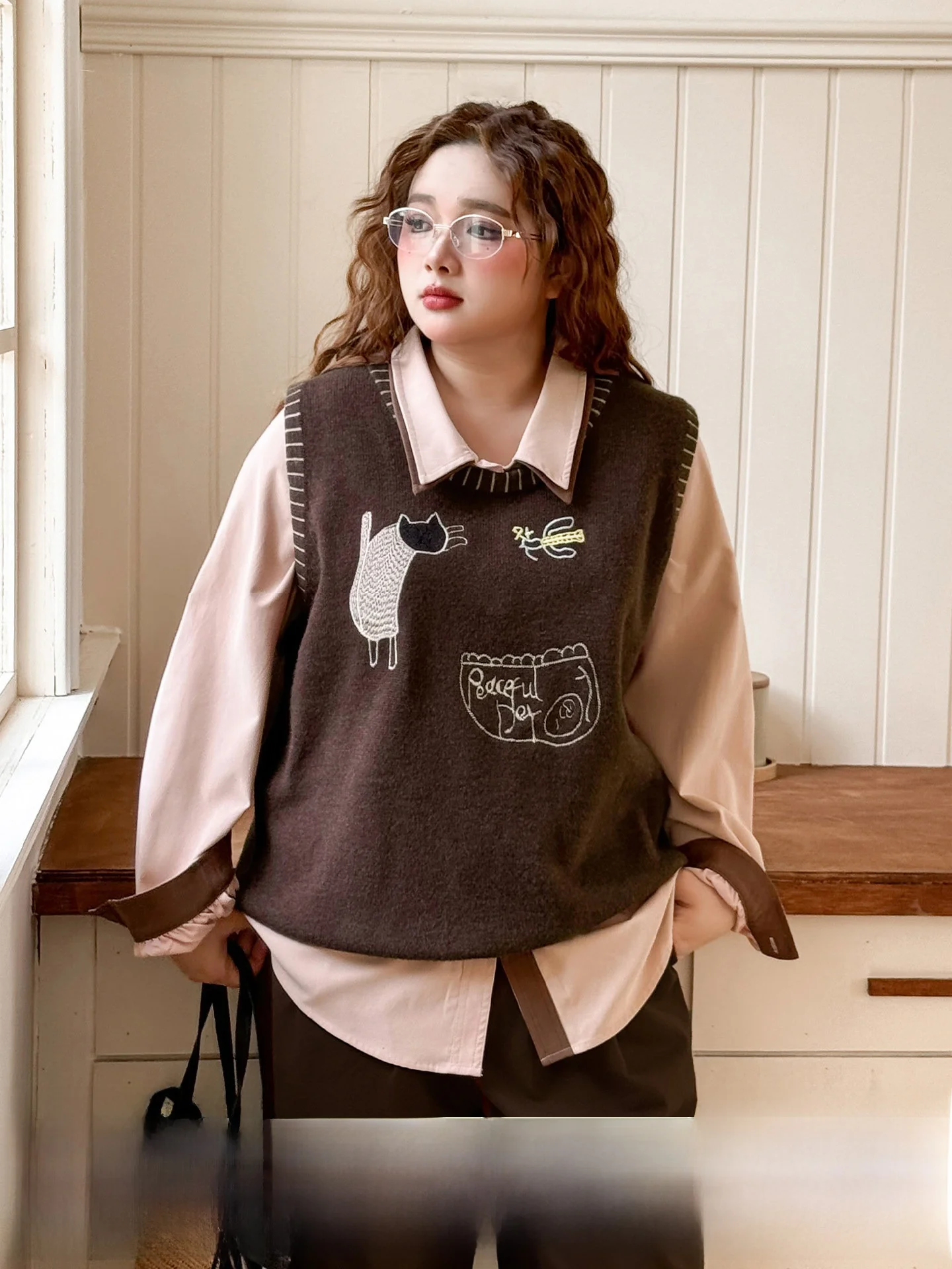 

plus Size Korean Sle Lazy Suit Spring 2026 Long Sve irt Vest Fce Wide Leg Pants Tee Piece Set Casual High Waist
