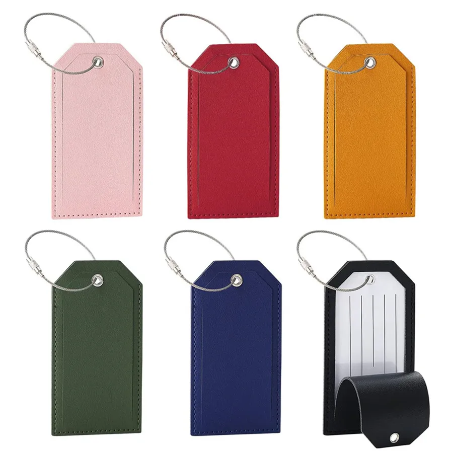 RFID Blocking PU Leather Luggage Tag Suitcase Tags Name Tags with Wire Lanyard and Paper Card Secure Travel Accessories Vacation