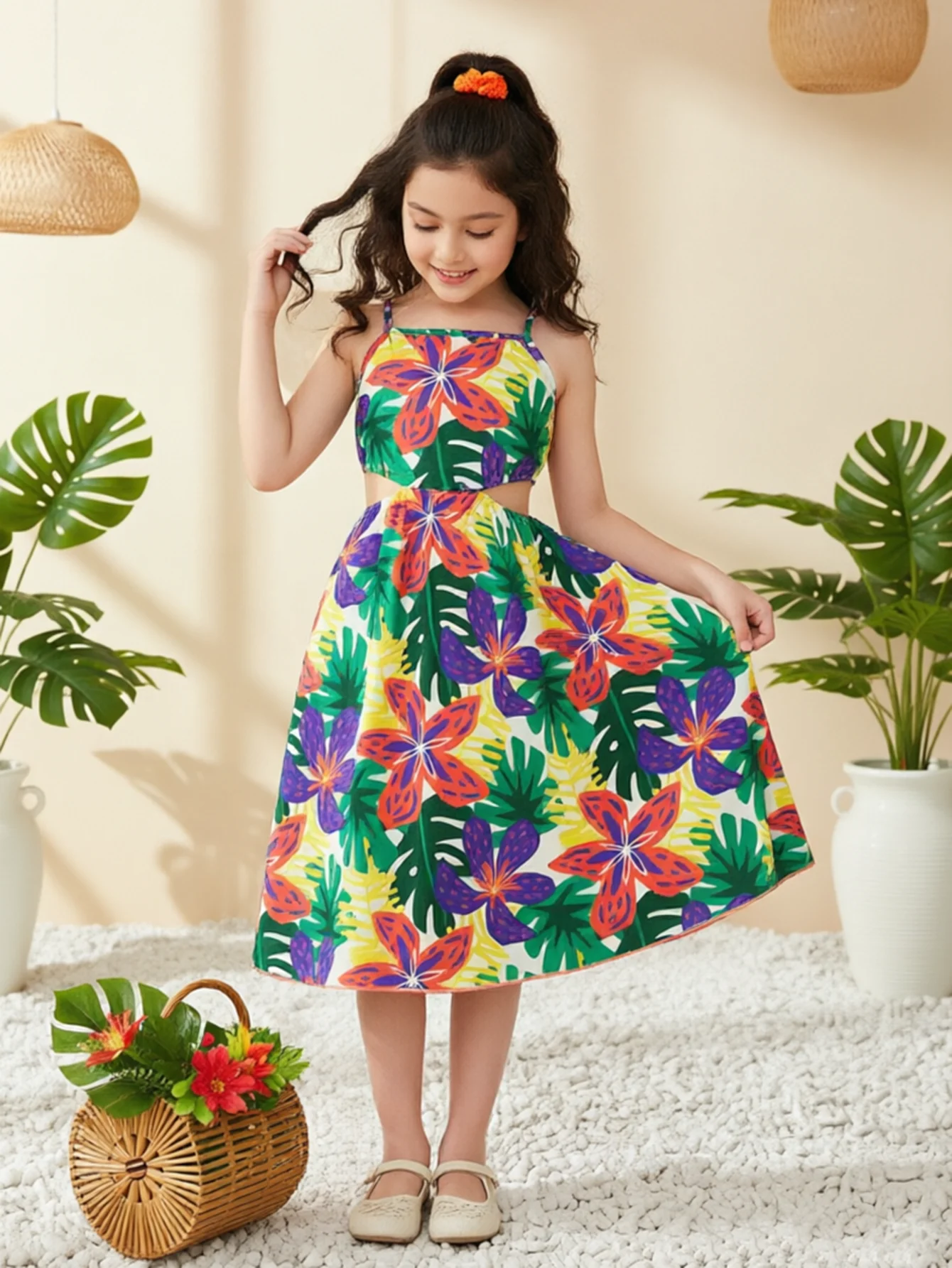 Sommerkleid für Mädchen, tropischer Blumendruck, Spaghettiträger, Ausschnitt an der Taille, Strandkleider, hawaiianische Urlaubsoutfits, Kinderkleidung, 5–12 Jahre