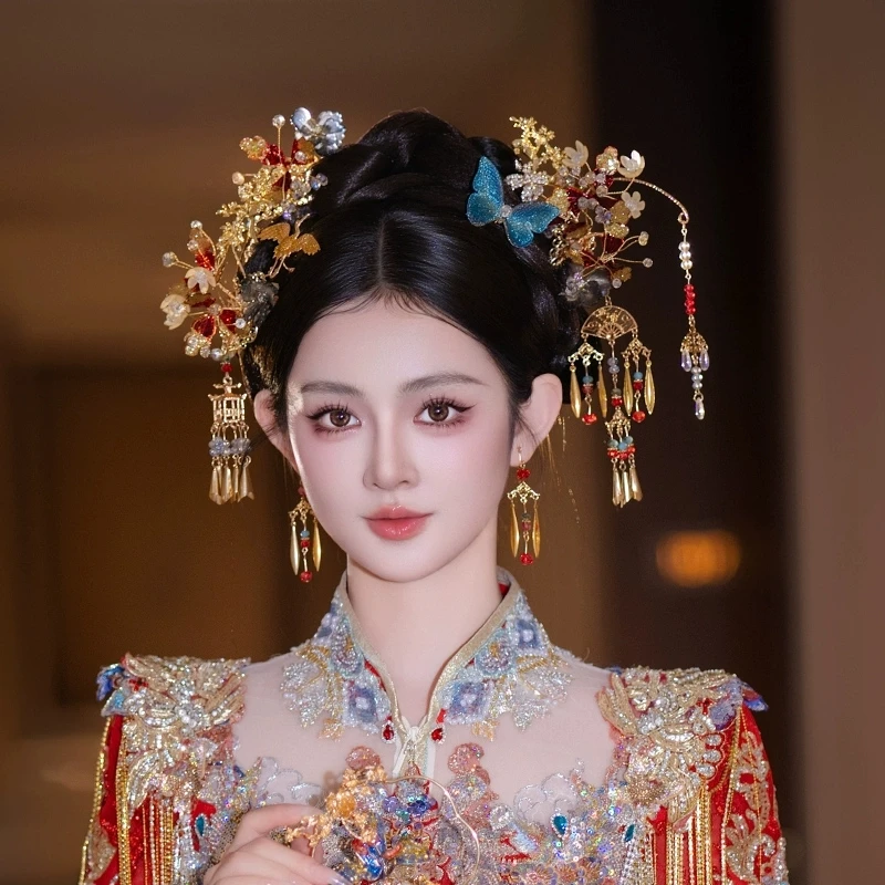 Handmade Bridal Headdress Chinese Vintage Red Blue Hairpin Fly Crane Butterfly FlowerTassel Classic Xiuhe Suit Wedding Hairwear