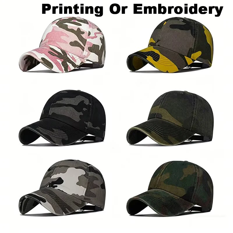 Custom Logo Camo Baseball Cap Support Printing Embroidery Multi Color Camouflage Duckbill Cap Unisex Men Women Vintage Washed Ad