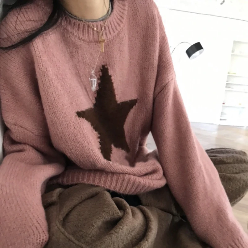 Stars Pattern Winter Women Knitted Sweaters Korean Fashion Loose Thick Warm Pullover Femme O Neck Vintage Casual Jumpers 2023