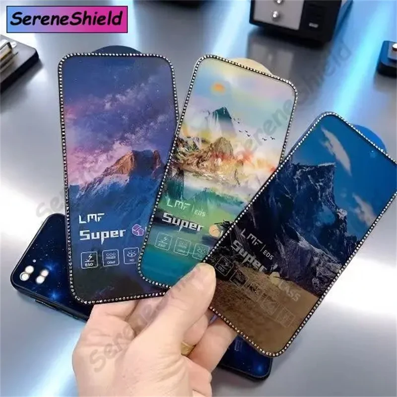 

Luxury Glitter Diamond Tempered Glass For iPhone 15 Pro Max 16 14 13 12 With Rhinestone Privacy Screen Protector Front Film 11