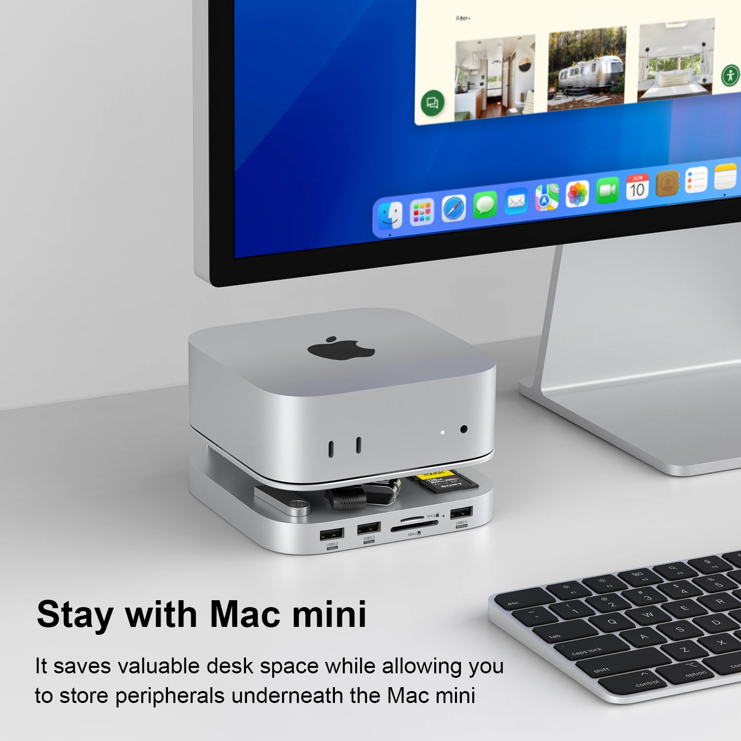 Aluminiowa piasta stojąca Qwiizlab z obudową SSD dla Mac mini M4/M4 Pro 2024, HDMI 4K 60 Hz, czytniki kart 312 MB/s, 2x USB-A 10 Gb/s