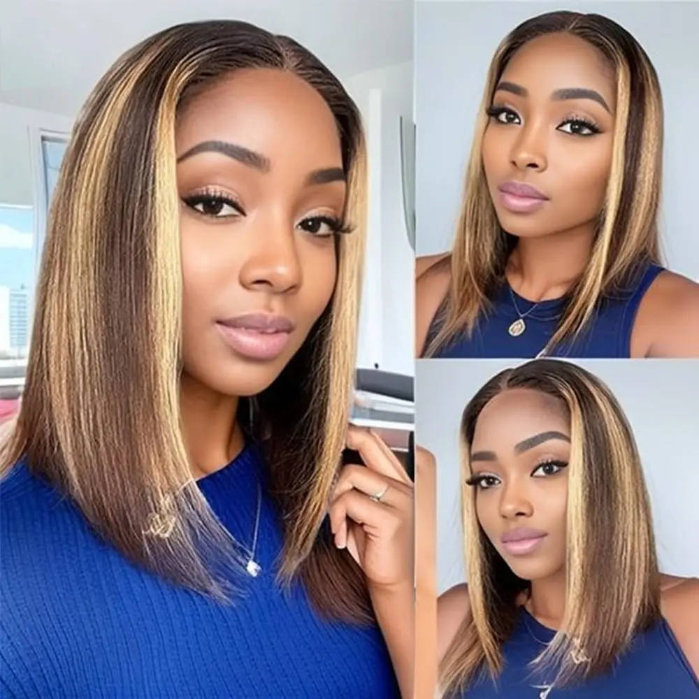 

Highlight Ombre Bob Wig Human Hair Honey Blonde P4/27 Human Hair Bob Straight Wigs 13x4 Lace Front Bob Wigs for Women