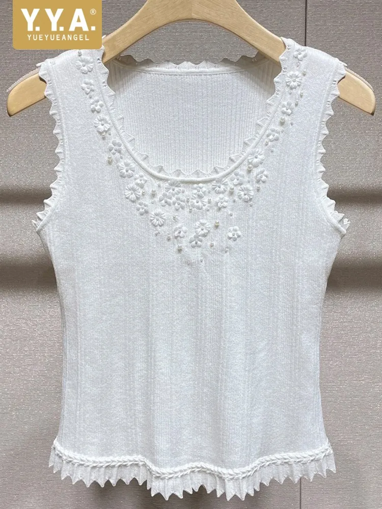 

Summer Cool Female Leisure Solid Color Round Neck Sleeveless Vest Versatile Flower Beading Ladies Slim Knitted Outerwear