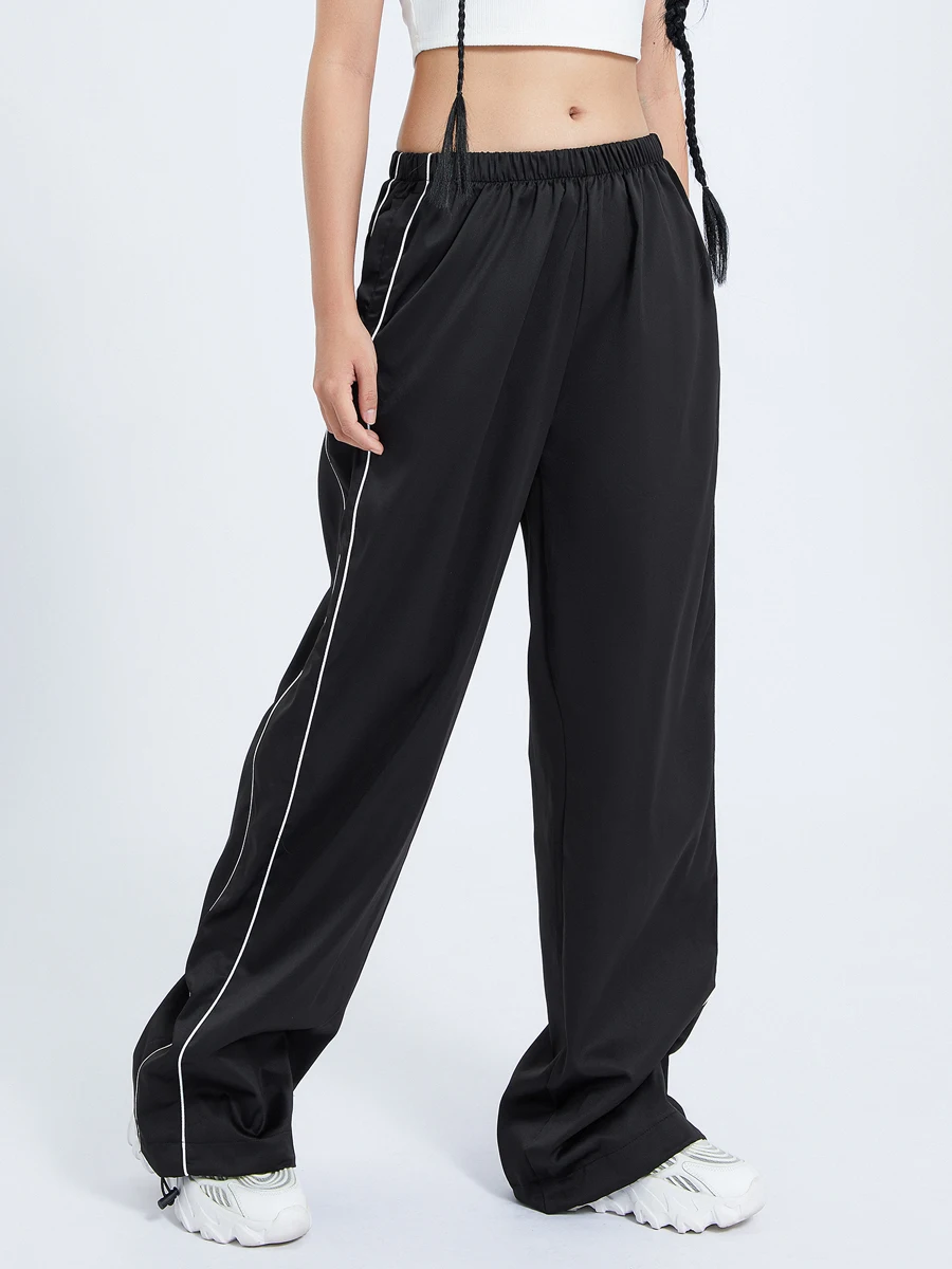 Women Loose Cargo Pants Casual y2k Solid Color Black Elastic Waist Wide Leg Joggers Trousers with Pockets for 2000s Streetwear