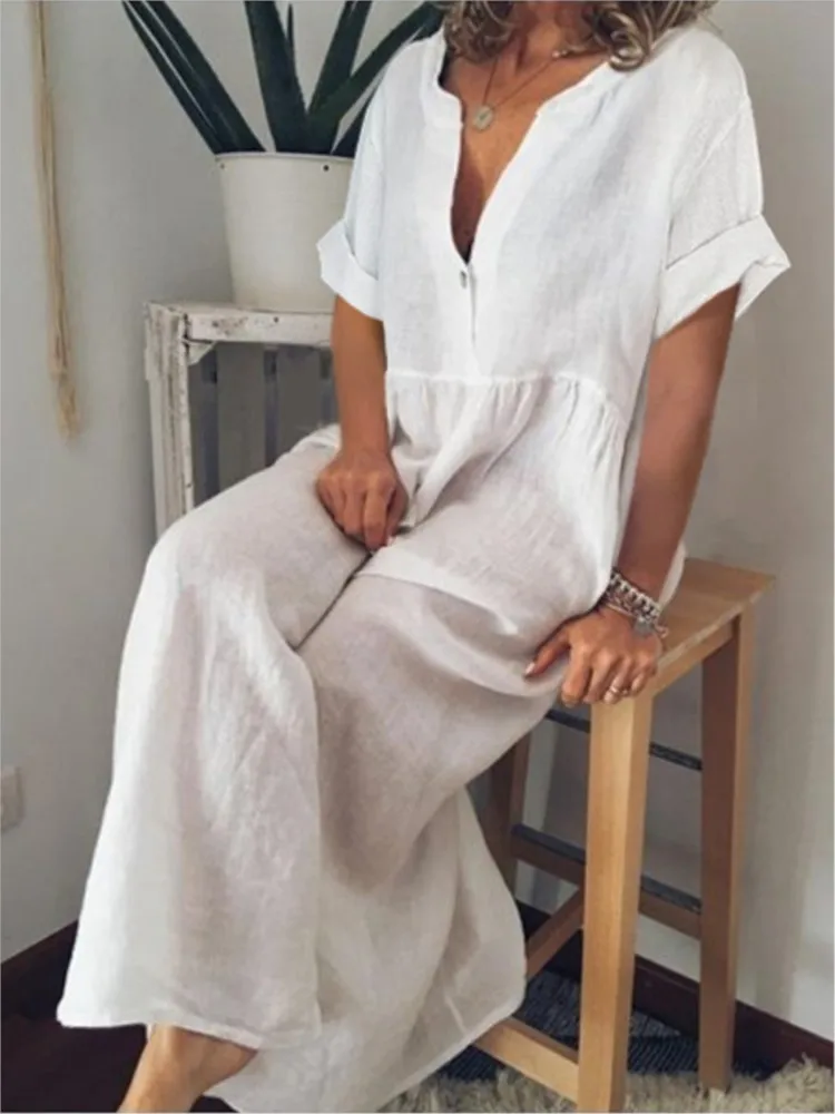 

Casual Loose Dress For Women Fashion V Neck Short Sleeve Pullover Dresses Robe Femme Holiday Office Womens Clothing Summer New