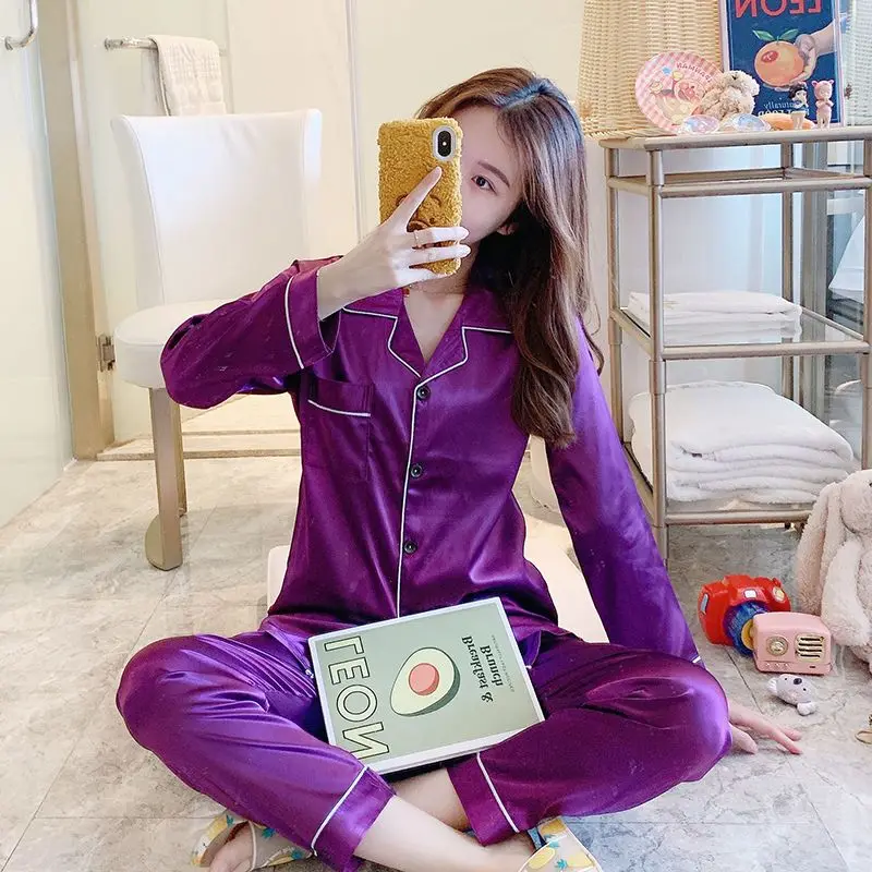 2023 new Spring Autumn Ice Silk Pajamas Women's Thin Long-sleeved Couples' Loungewear Men's Loose Large-size Sleepwear Suits