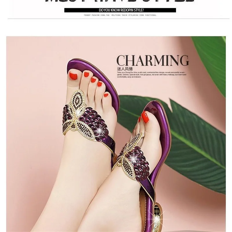 Summer Flip Flops Casual Shoes Sexy Crystal Rhinestone Design Sandal Hot Ladies Leather Fashionable Sexy Slippers