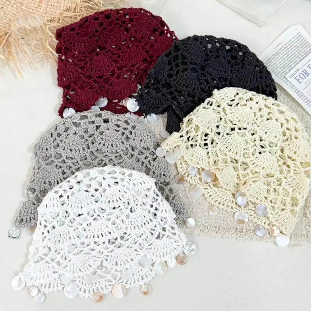 Casual Elegant Hollowed Out Knitted Hat Solid Color Ethnic Style Shell Tassels Hat Korean Thin Woven Pullover Cap Outdoor