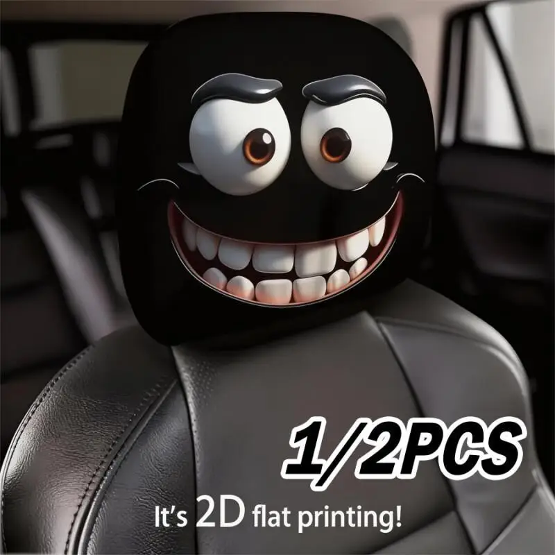 1/2PCS Toothy Smile Face Car Headrest Covers 2D Double-Sided Print Funny Auto Interior Decor For Most Vehicles