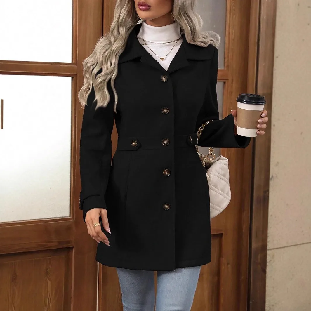 Notched Lapel Button Front Coat with Turn Down Collar Regular Fit Midi Length Commuter Casual Winter Long Sleeve Women Coat