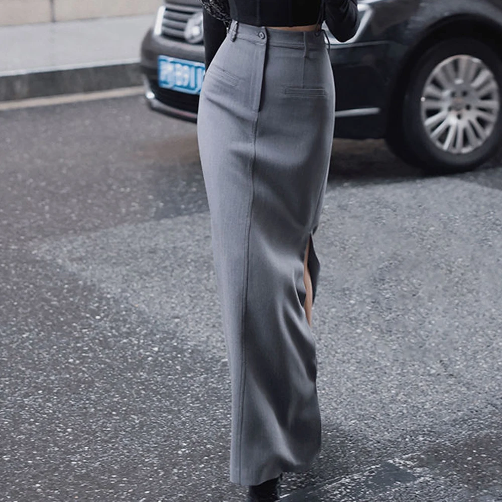 

Gray record black high waist hip-wrapped suit half-length dress spring 2025 new retro slim straight skirt