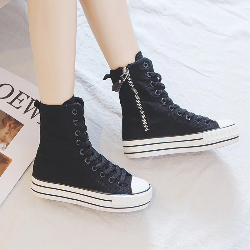 2024 New High-Top All Black Side Zip Canvas Student Shoes Platform Sneakers