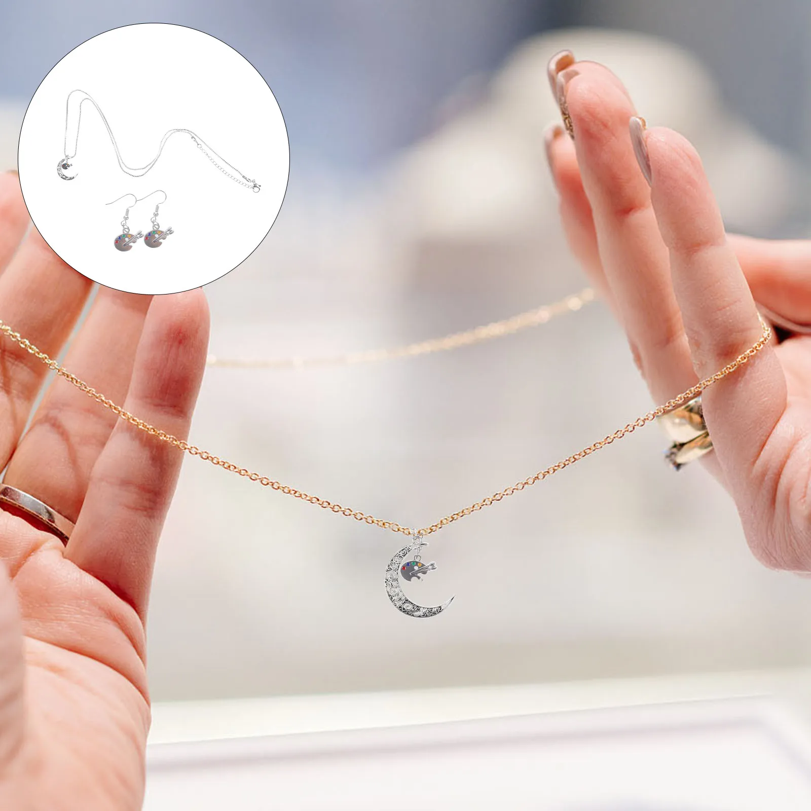 1 セットネックレスイヤリングセット湾曲したフックブラブラ耳ペンダント合金コスチュームジュエリー女性のためのウェディングパーティーブライダルアクセサリー