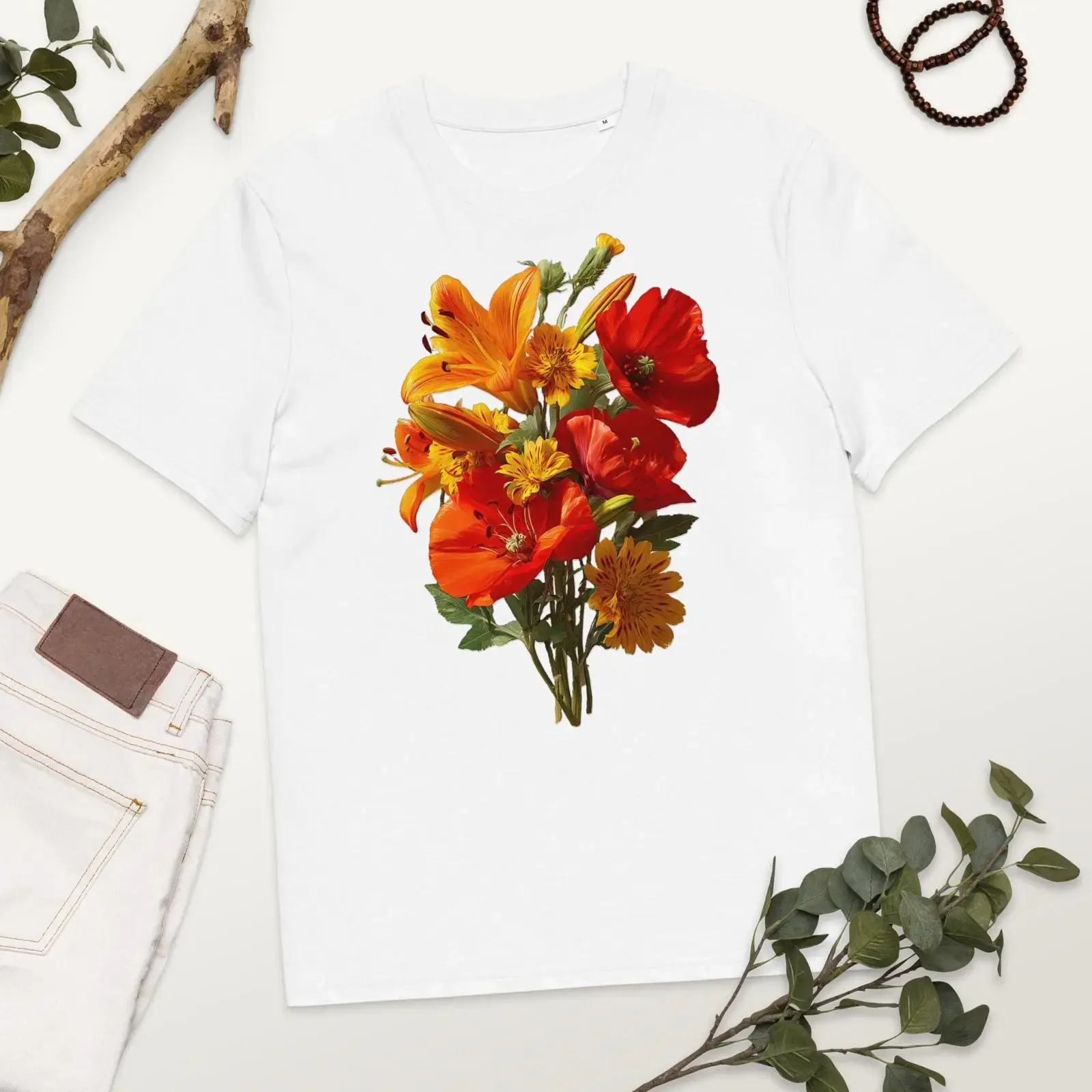 Vibrant Floral BouqueT T Shirt Botanical Red Poppies Boho Wildflower vintage Washed Unisex Stylish Stretched homme streetwear