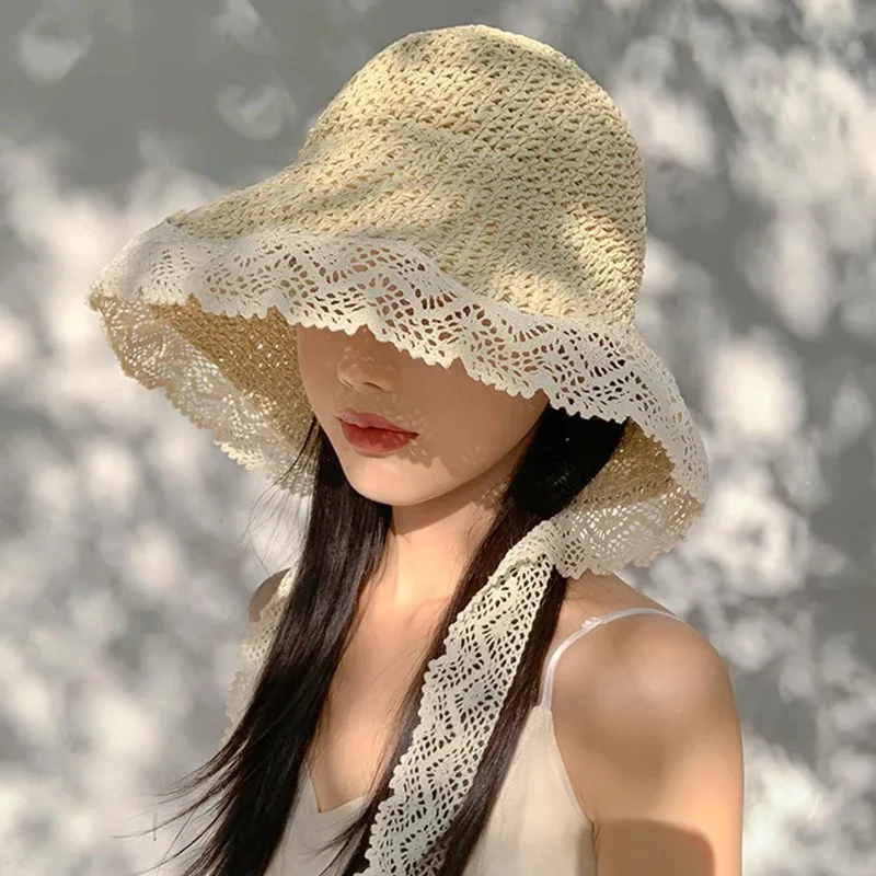 Summer French Lace Ruffle Bucket Hat Women Wide Brim Foldable Floppy Sun Cap Wind Ribbon Outdoor Seaside UV Protection Hat