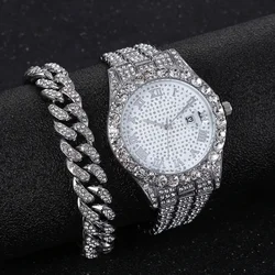 2pcs/set - Glitzy Rhinestone Watch & Cuban Link Bracelet Set - Sparkling Quartz Timepiece with Durable Steel Strap