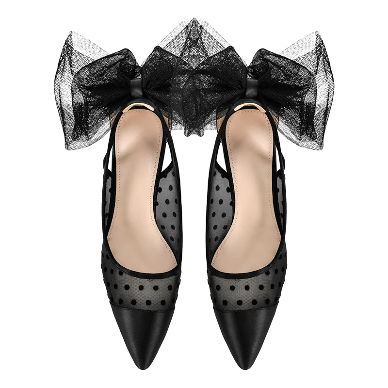 Onlymaker Women Pointed Toe Black Tulle Bow 10CM High Heel Pumps Polka Dots Back Bowknot Mesh Party Prom Pumps