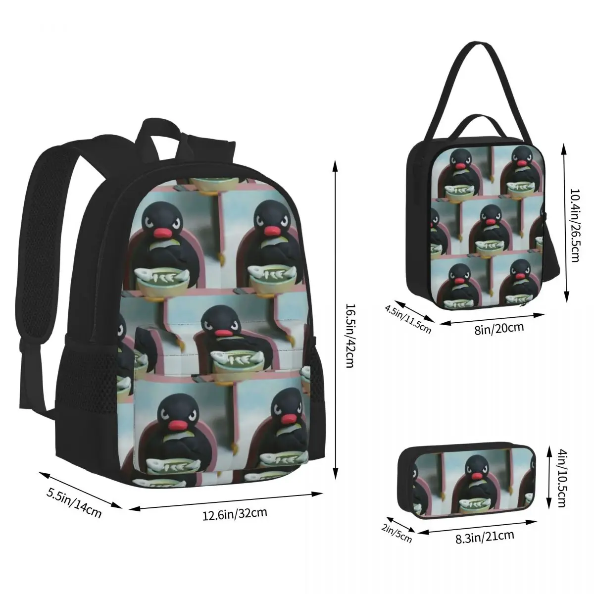 Pingu The Penguin Angry - Noot Noot Backpacks Boys Girls Bookbag School Bags Rucksack Lunch Bag Pen Bag Three-Piece Set