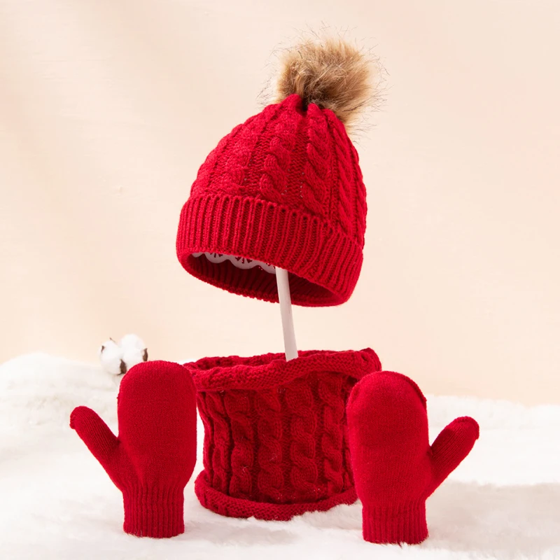 Solid Color Baby Knitted Hat Winter Hat Scarf Gloves Set for Kids 0-3 Years Boys Girls Children Cotton Warm Pom Poms Hat Sets