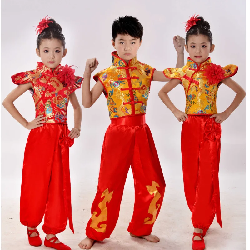 Dragon Yangko trajes de dança folclórica para crianças, hanfu moderno para meninas, leão nacional Wushu, kung fu, traje de dança tradicional chinesa para meninos