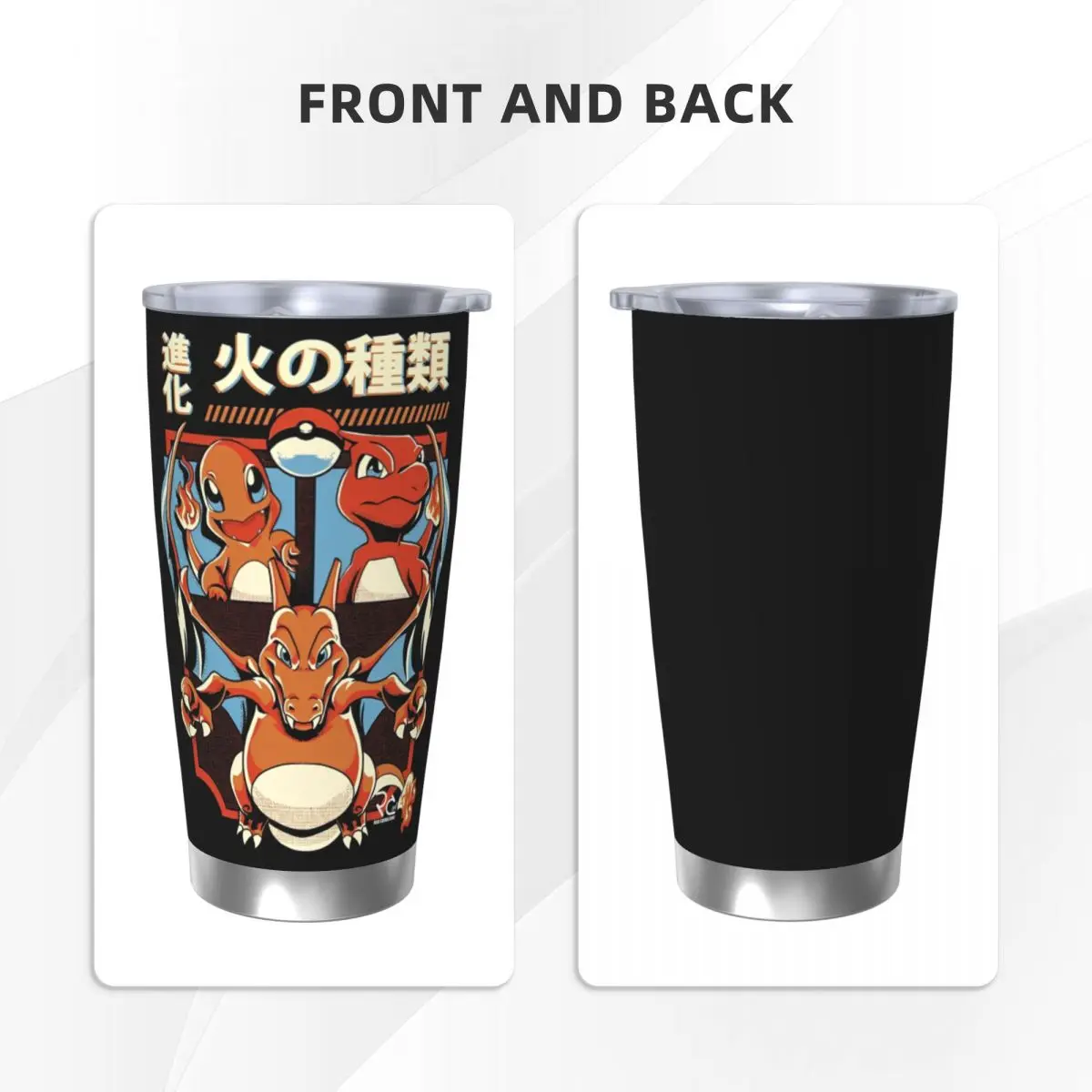 Gobelet isolé Pokemoned avec couvercle de pailles Charmander Charmeleon Charizard tasse thermique en acier inoxydable tasse de bouteille de voiture, 20 oz