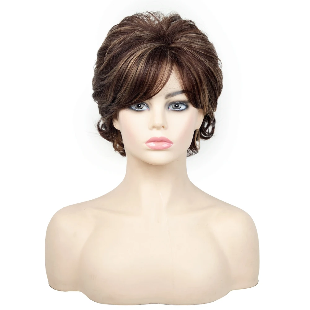 Synthetic Short Curly Wigs for Women Dark Brown Wig With Bangs Breathable Rose Mesh Daily Party Cosplay Use Heat Resistant Fiber